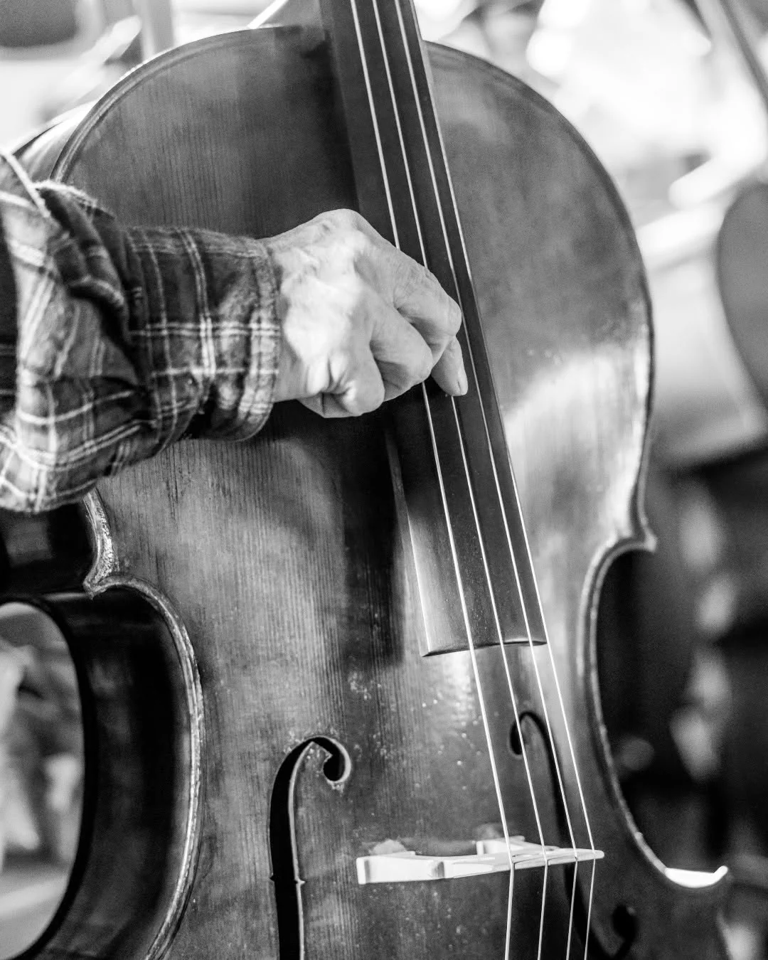 Hands rest on the strings and wooden body of an upright bass.