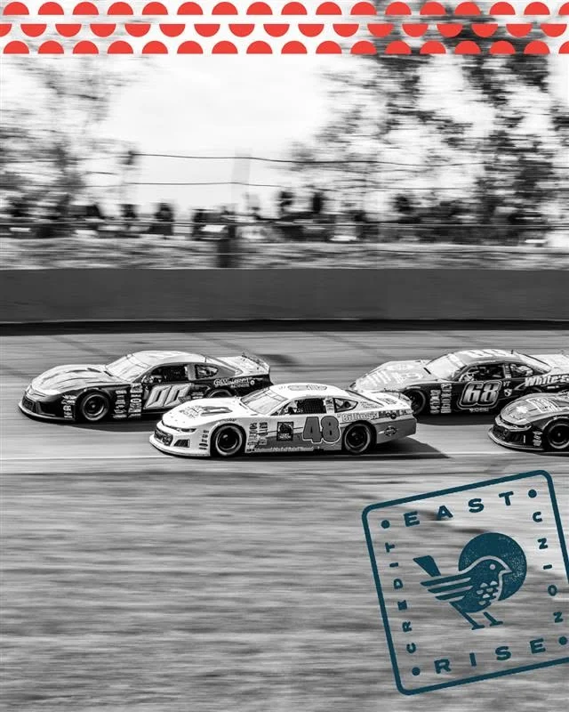 A Labor Day race graphic shows stock cars at speed beside a hand-drawn results card.