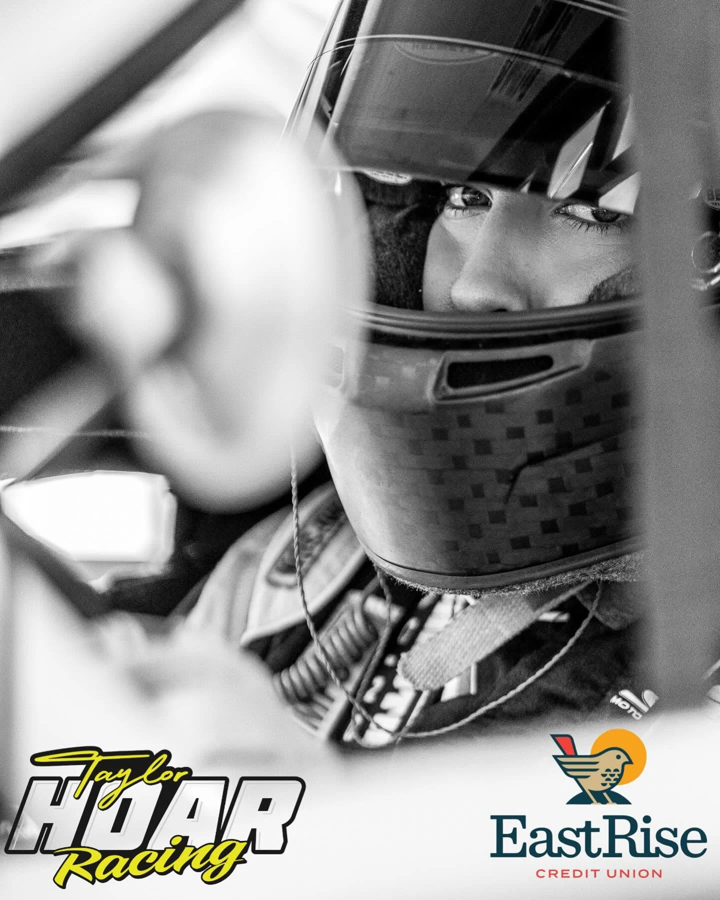 Black-and-white close-up of Taylor Hoar in her helmet above Taylor Hoar Racing and EastRise logos.