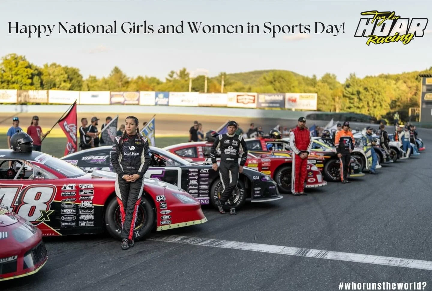National Girls and Women in Sports Day graphic with Taylor Hoar at the front of a lineup of drivers and cars.