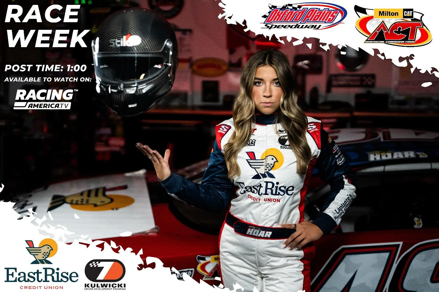 Race Week graphic with Taylor Hoar in her EastRise race suit beside her helmet and No. 48 car.