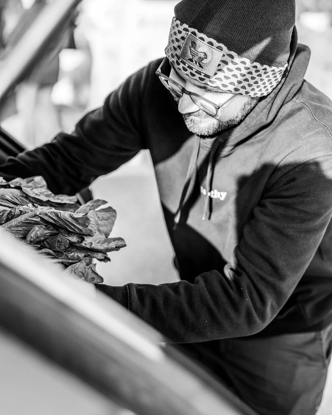 A volunteer arranges bags of produce inside a car.