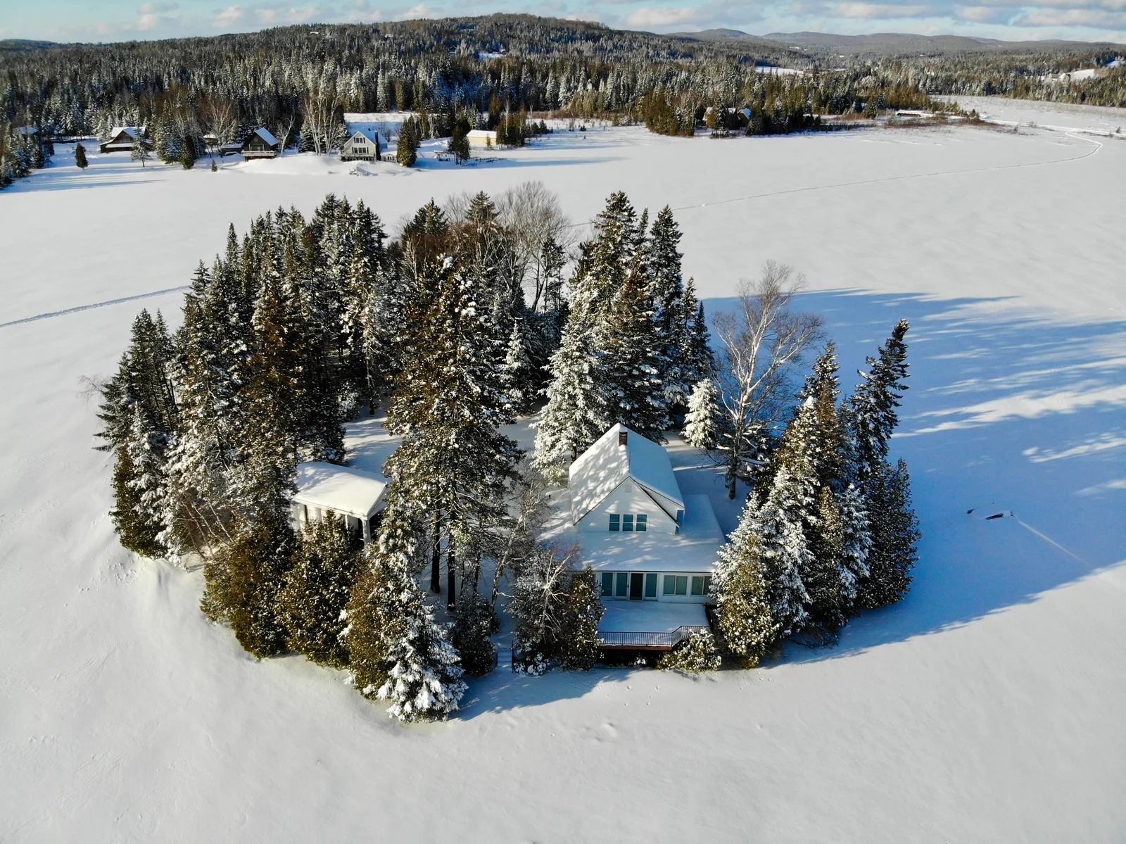 Snow-covered house surrounded by evergreens on the shore of a frozen lake