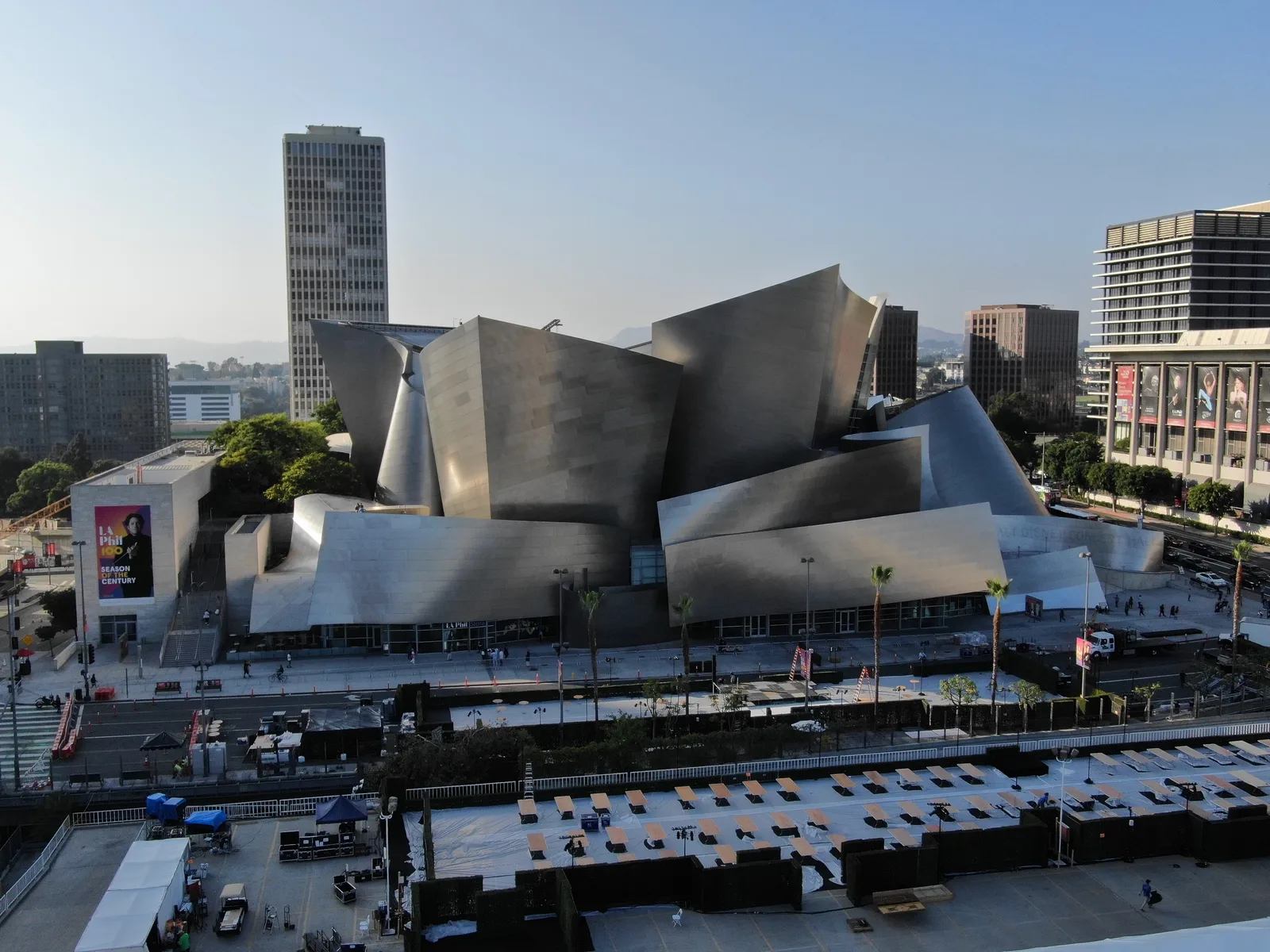Walt Disney Concert Hall and surrounding downtown Los Angeles streets viewed from above