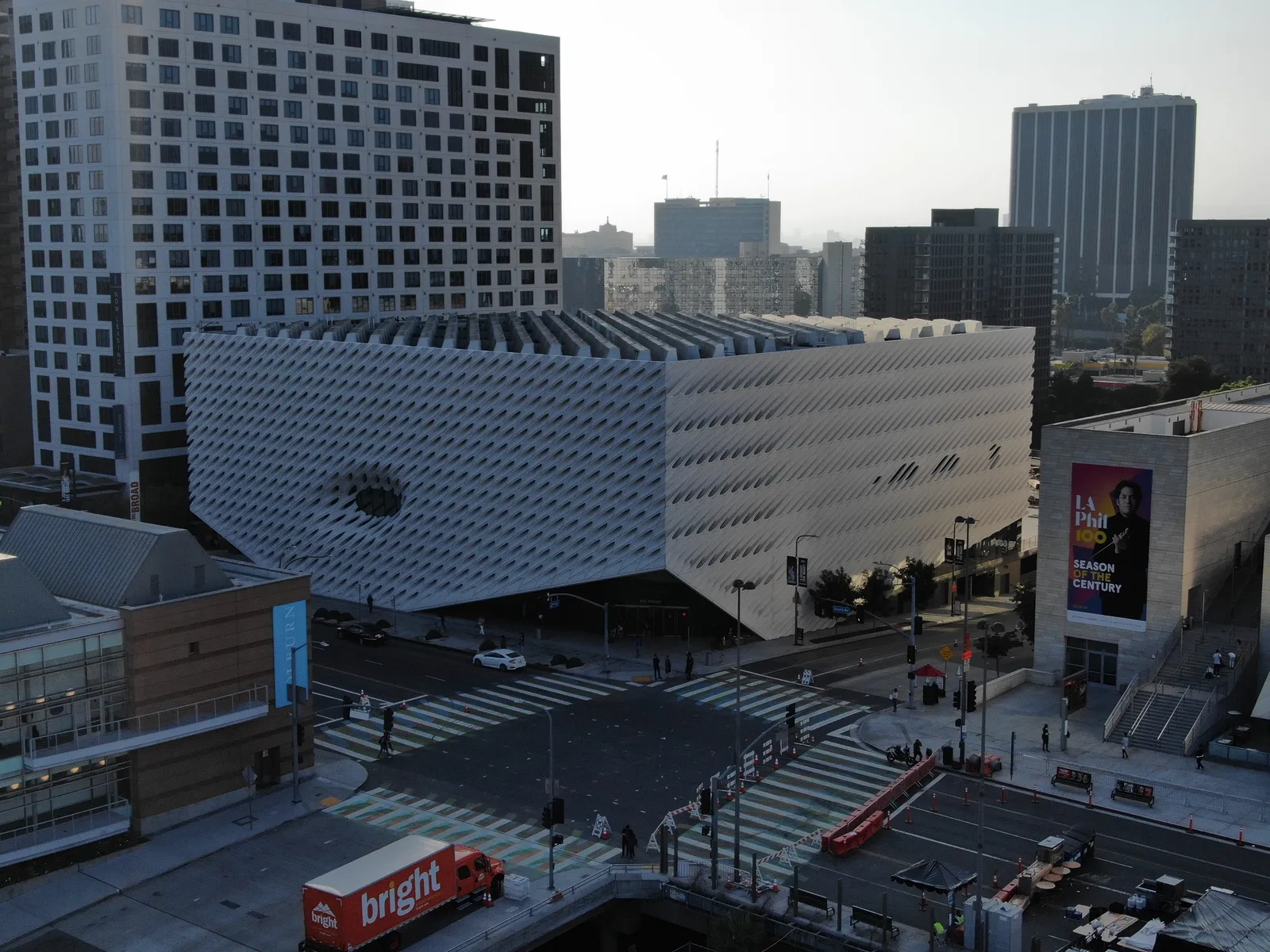 The Broad museum and neighboring downtown Los Angeles buildings viewed from above
