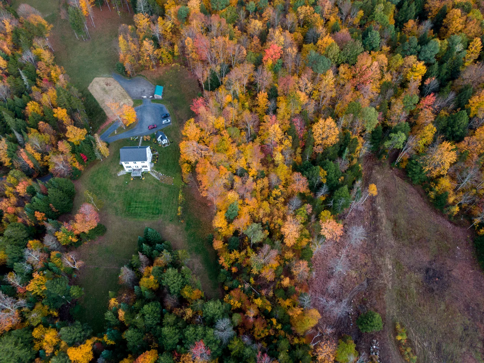 Top-down aerial view of a house and clearing surrounded by multicolored autumn forest