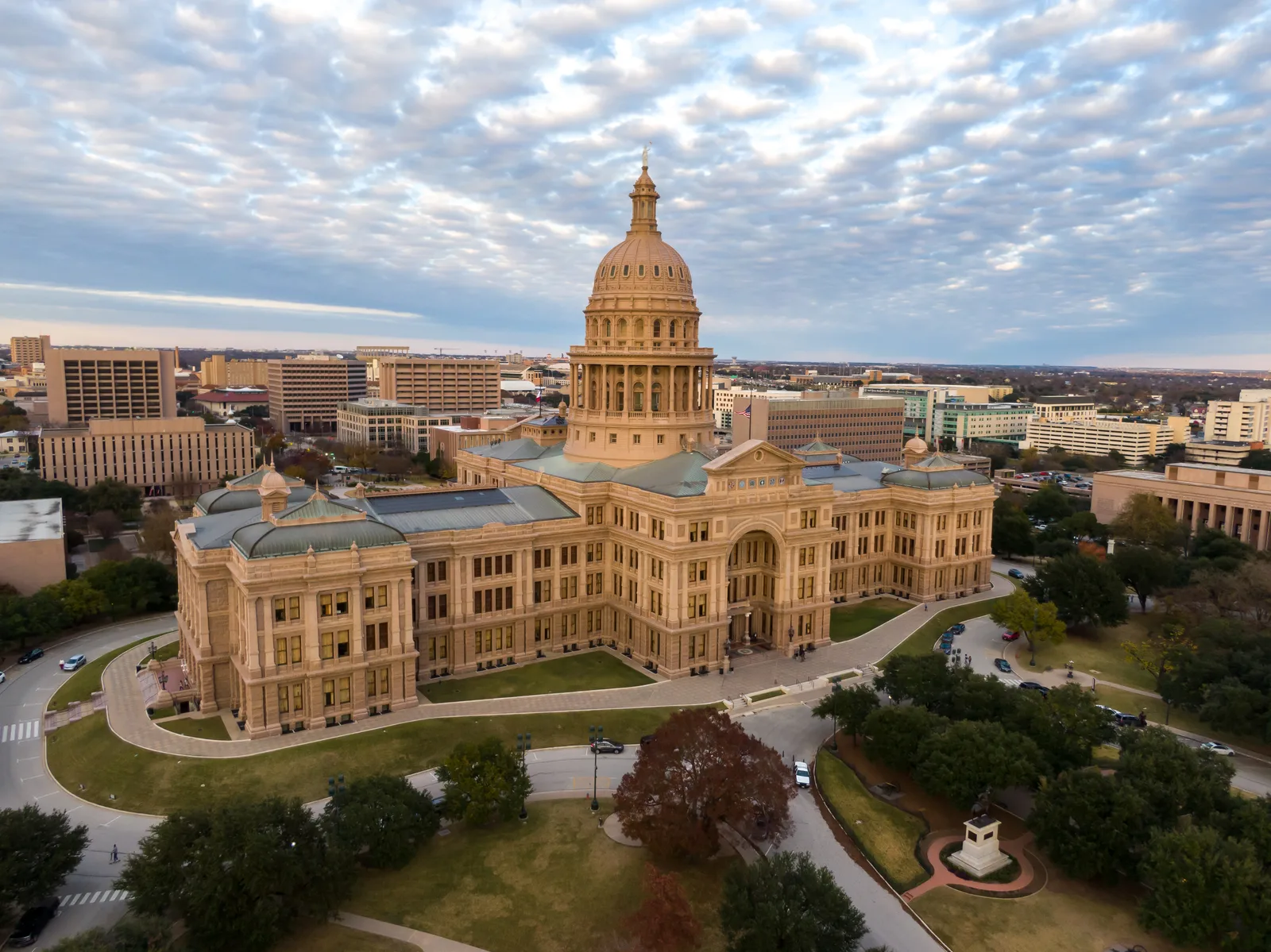 Texas State Capitol and surrounding government buildings viewed from above