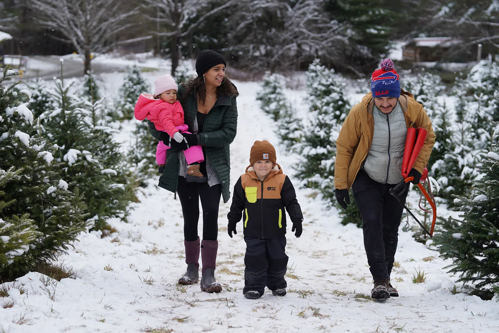Four in winter coats on snowy path, child in pink held, red sleds carried, trees flanking