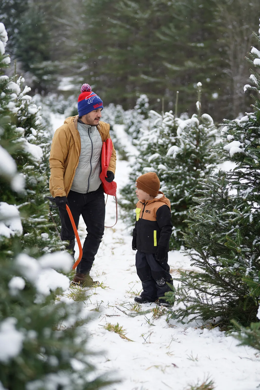 Adult in mustard jacket and blue beanie with pom-pom holding red sled among snow-covered trees