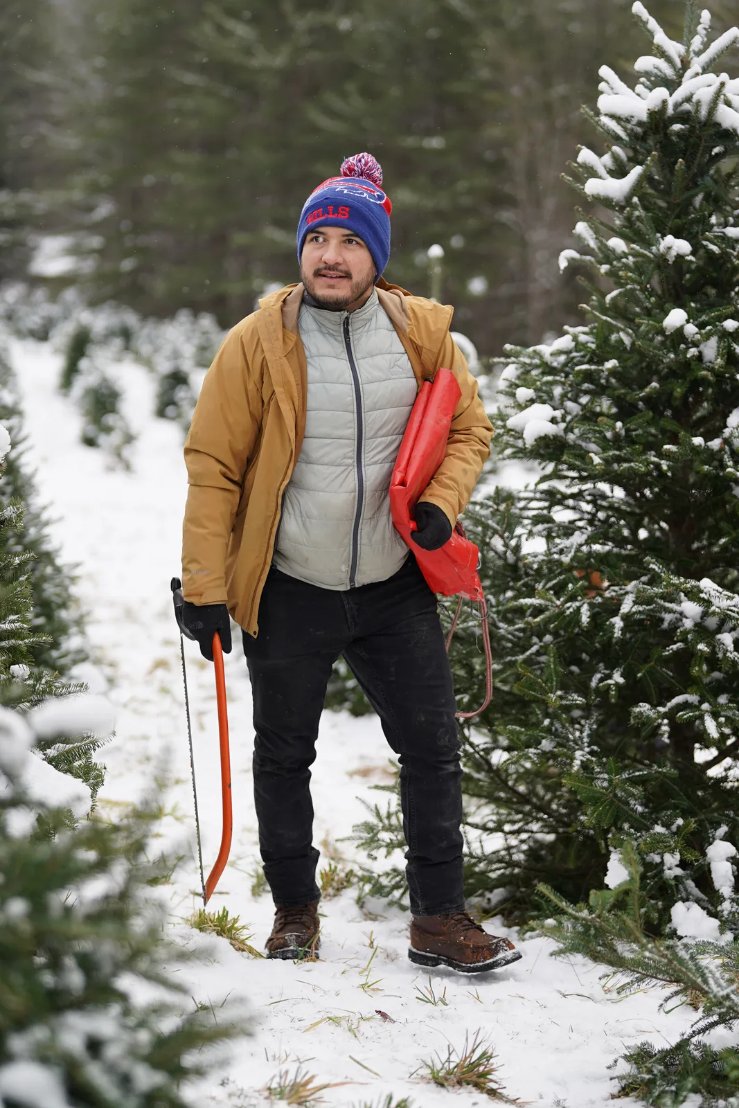 Adult in mustard jacket and blue beanie with pom-pom holding red sled near snow-covered trees