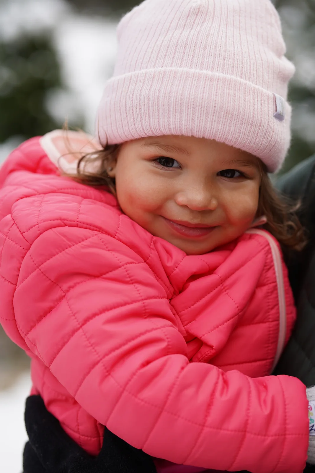 Child in pink beanie and pink jacket hugging adult in dark coat amid snowy evergreens