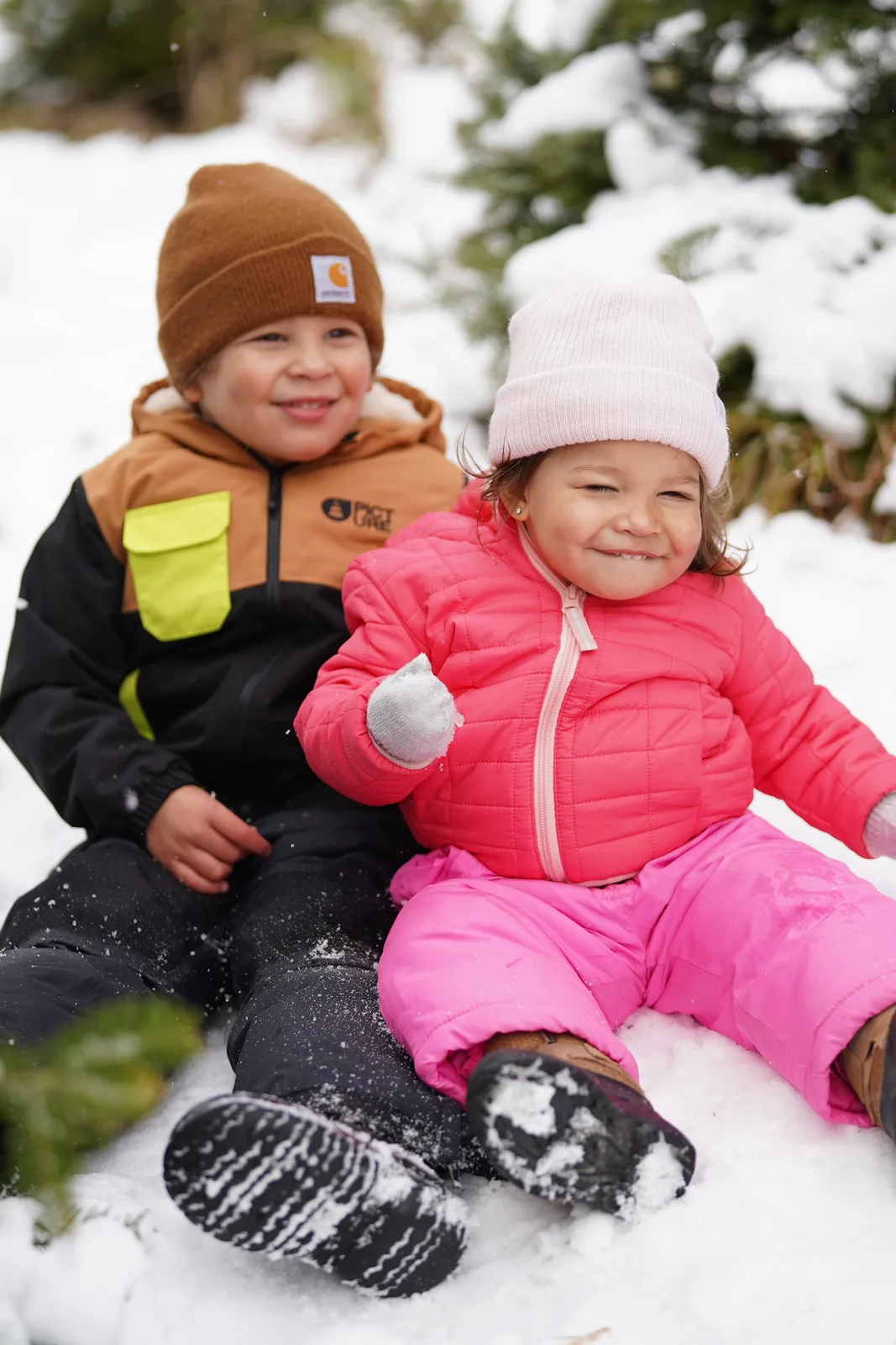 Two children in winter coats and hats sitting in snow, evergreens in background.