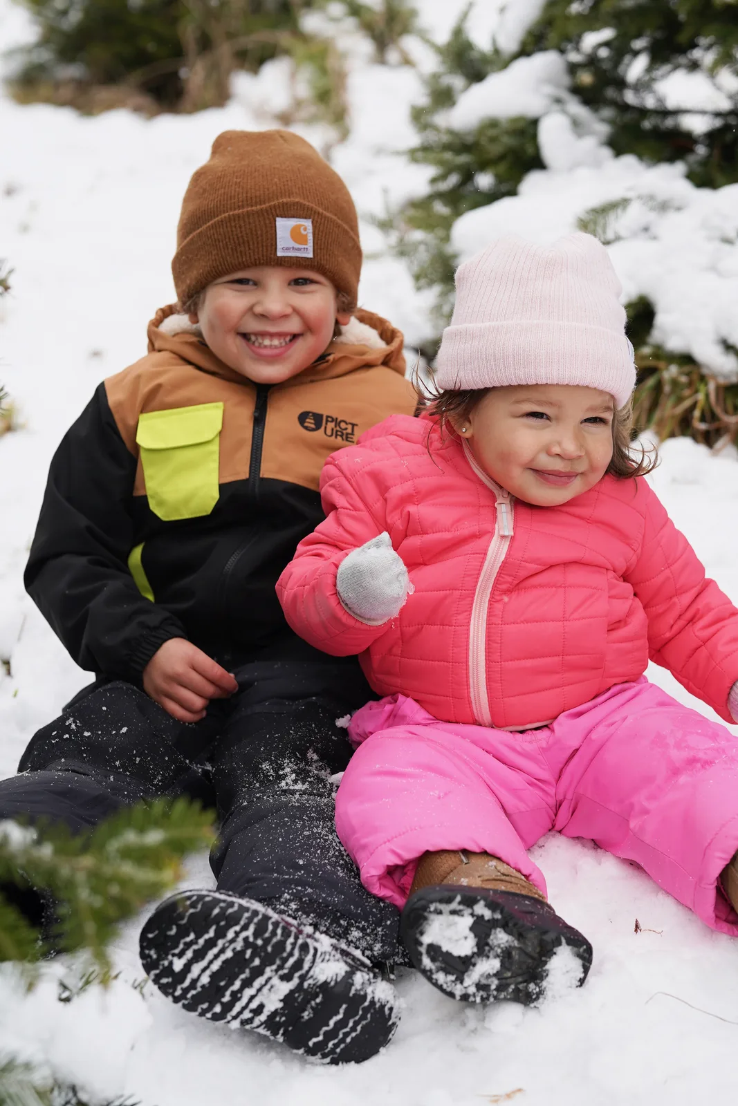 Two children in winter coats and hats sitting in snow, evergreen trees in background.