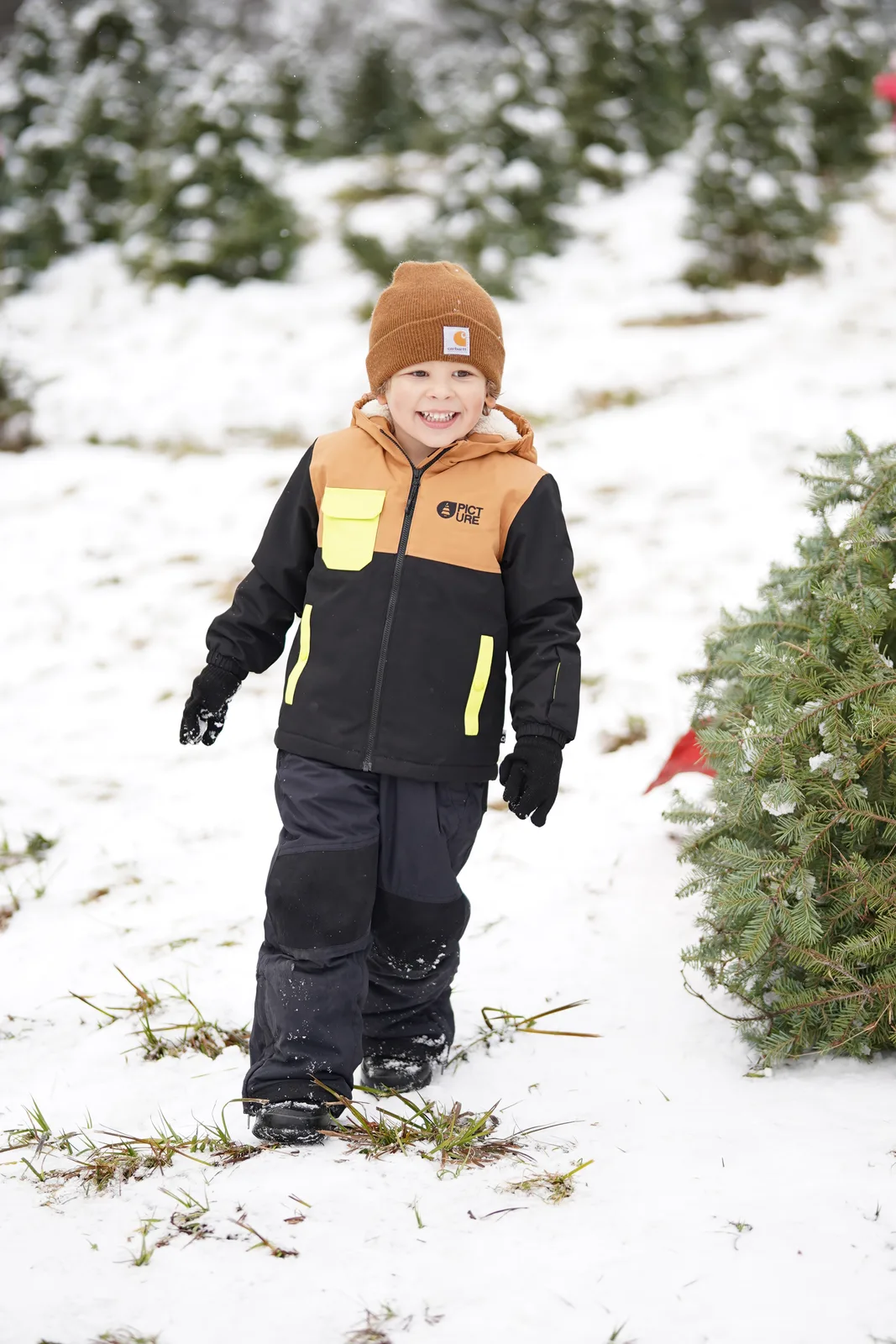 Child in brown beanie and black jacket with yellow accents walking past evergreen on snow.