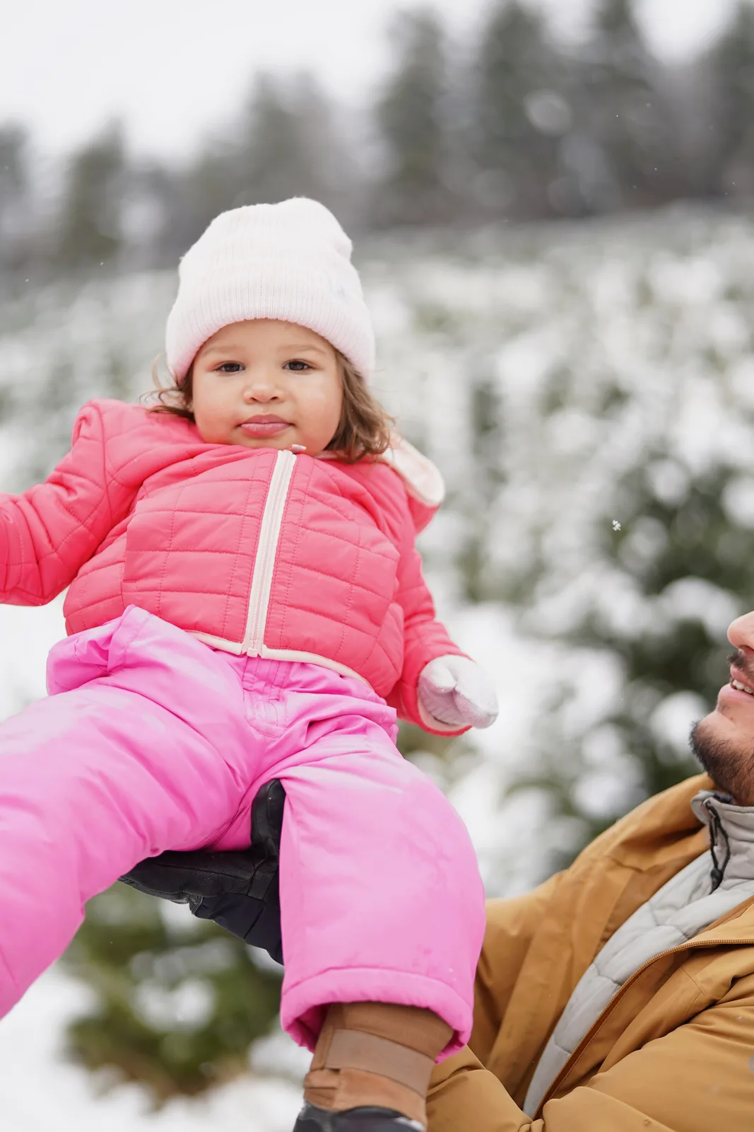 Child in pink snowsuit and white beanie lifted by adult in tan jacket, snow-covered trees behind