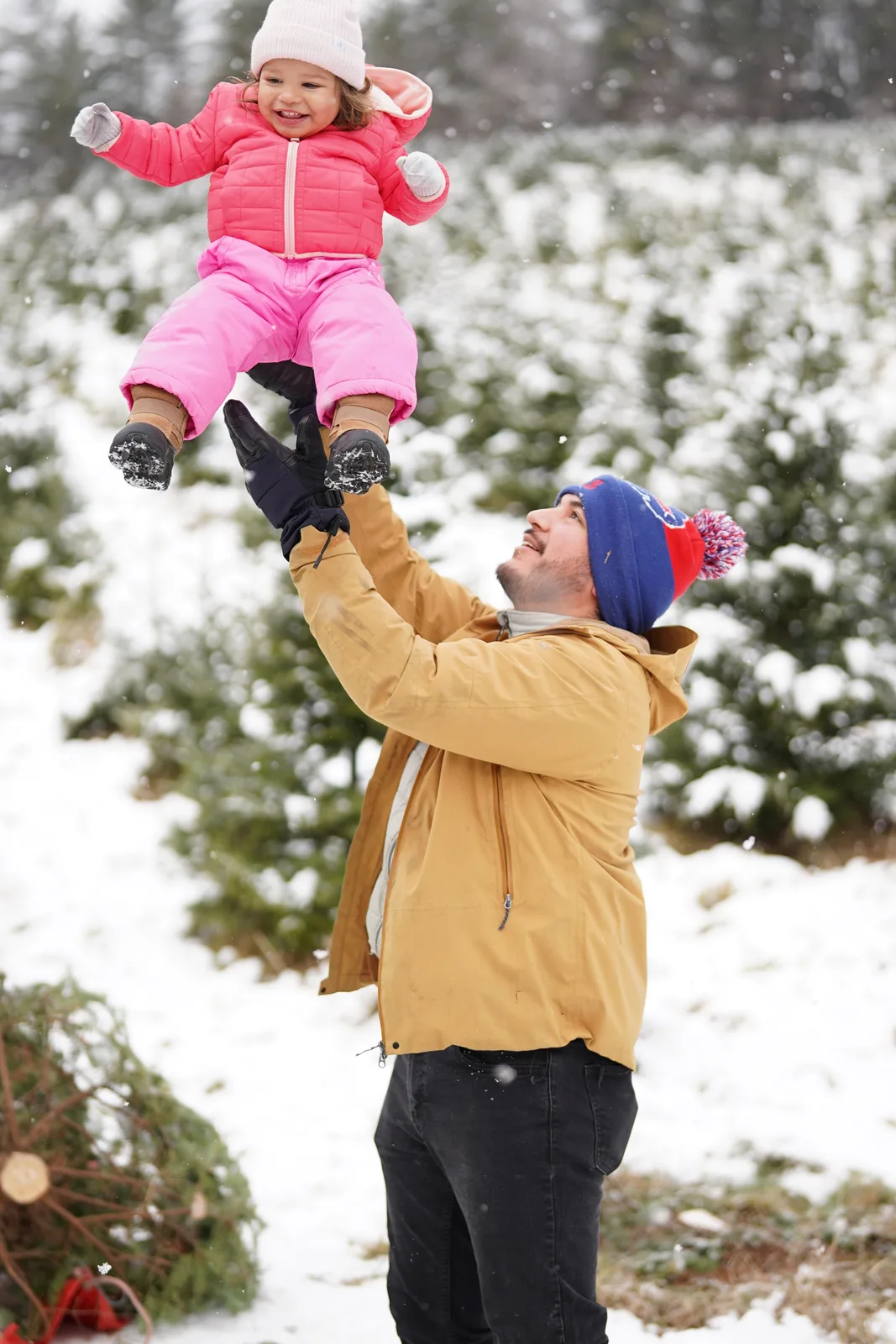 Adult in tan jacket and blue beanie lifting child in pink snowsuit, snow on trees and ground