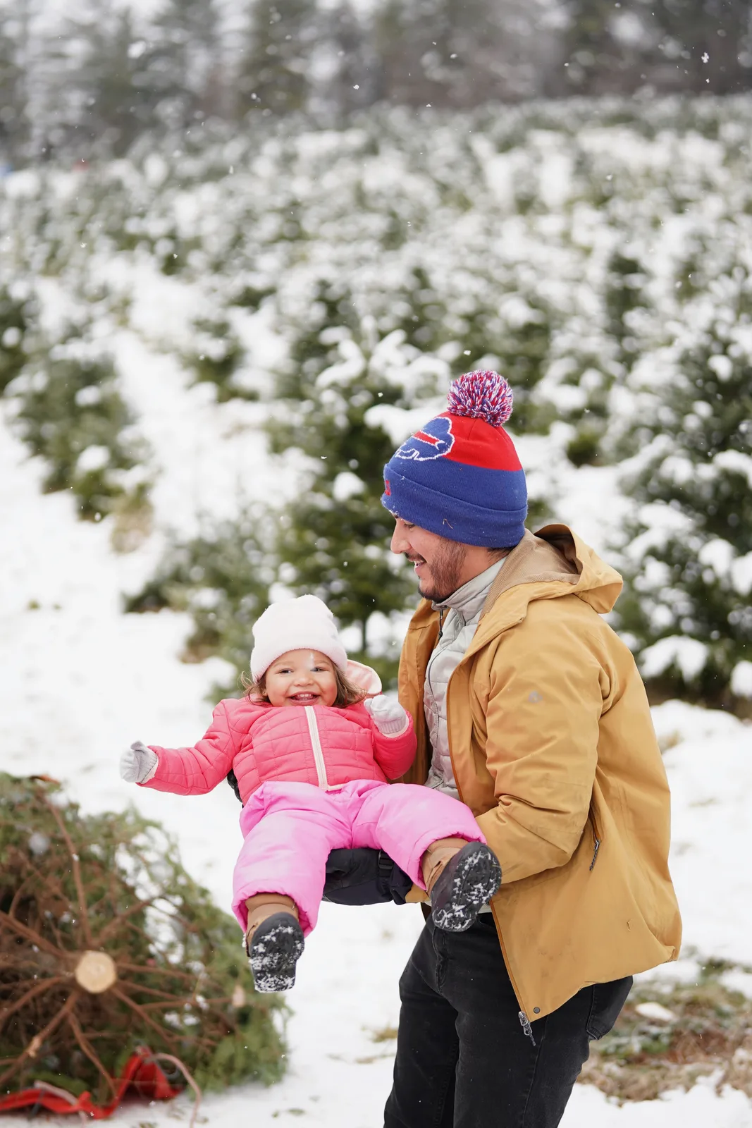 Adult in tan jacket and blue beanie carrying child in pink snowsuit, snow-covered trees behind