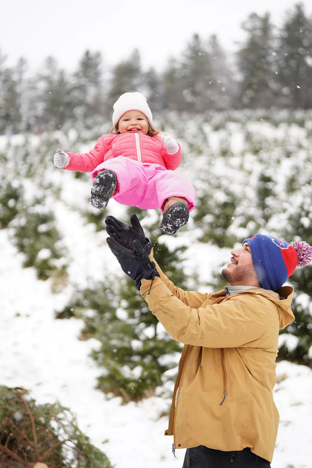 Person in tan jacket and blue beanie lifting child in pink snowsuit amid snow-dusted evergreens