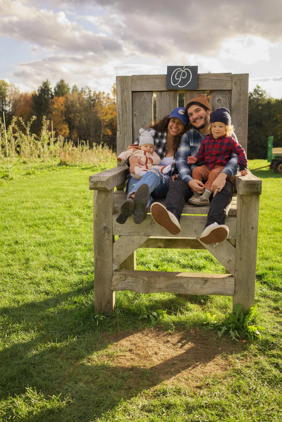 Four people on wooden chair, sunset lighting on grassy field and trees