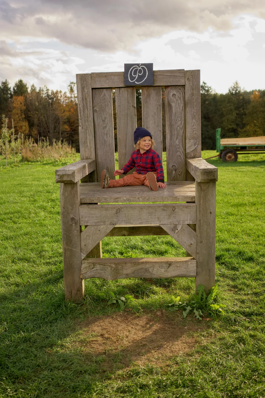 Child in red plaid shirt and navy beanie sitting on large wooden chair in grassy field