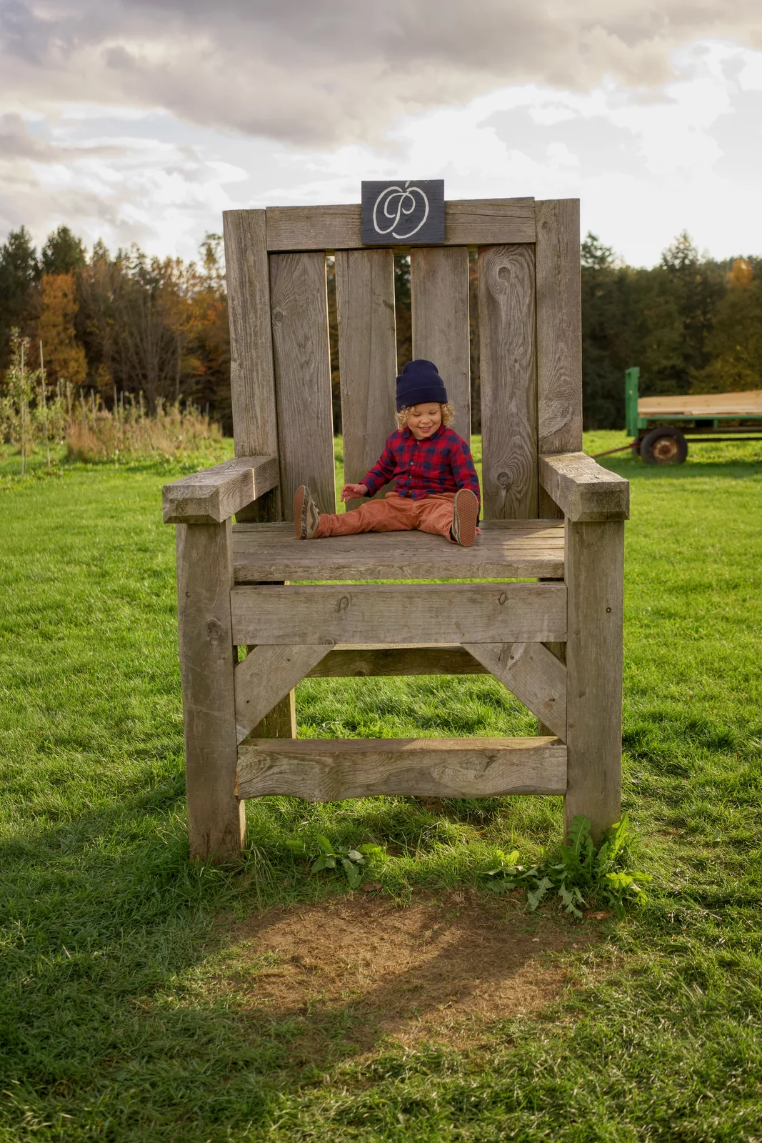 Child in red plaid shirt and navy beanie sitting on large wooden chair with sign, grassy field behind