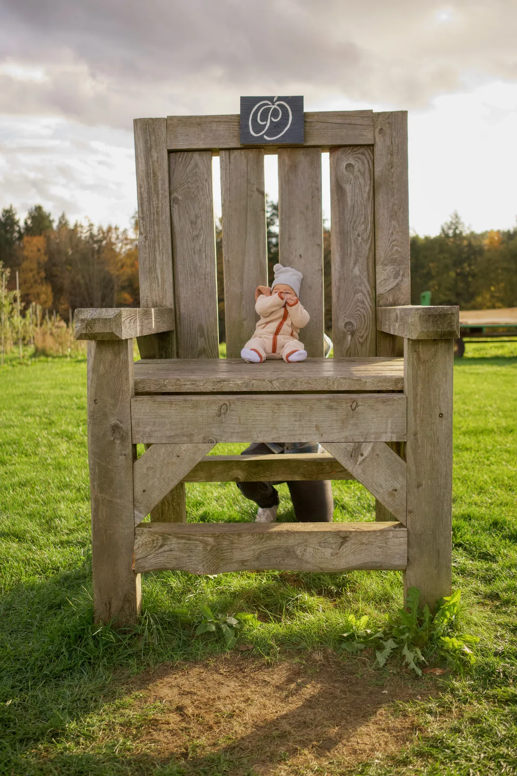 Baby in cream bear suit and white knit hat seated on large wooden chair in grassy field