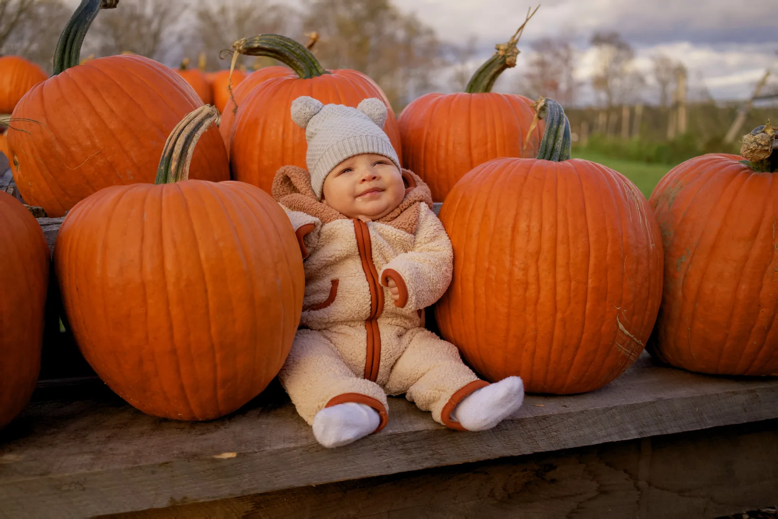 Child in white hat and cream onesie sitting surrounded by large orange pumpkins on wooden display
