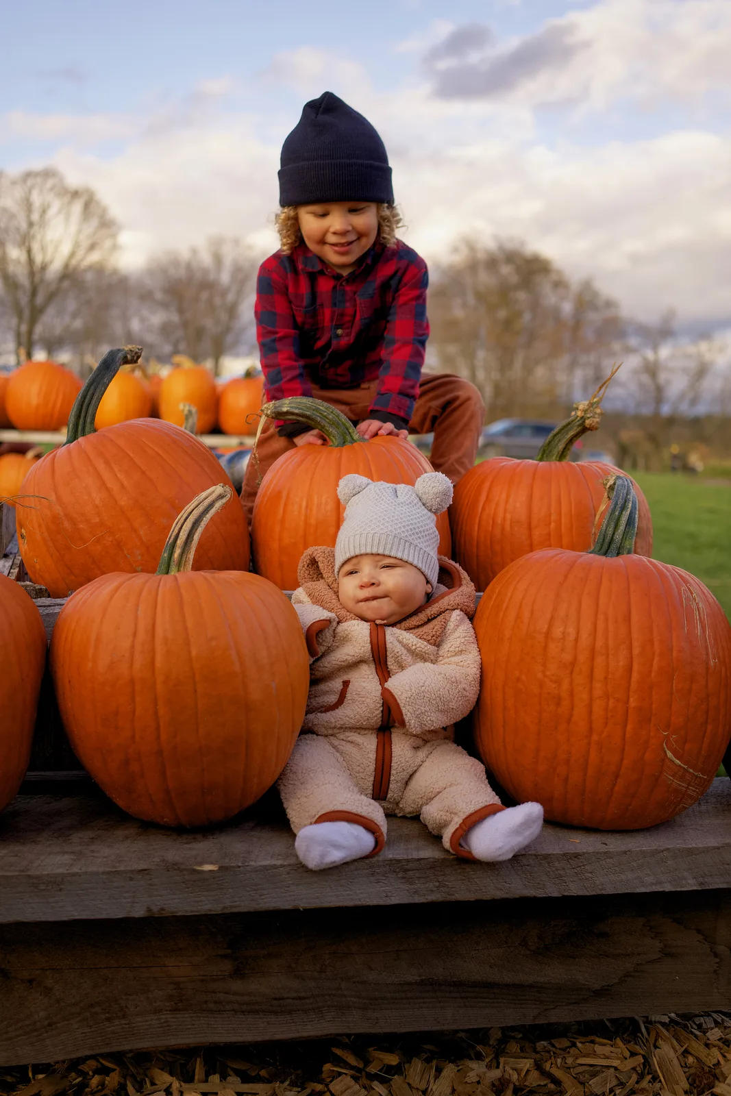 Two children in hats sitting on wooden platform with large orange pumpkins, one in plaid shirt and navy beanie