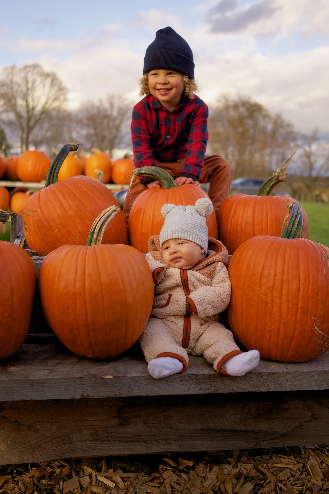 Two children on wooden platform with large orange pumpkins around, one in plaid shirt and navy beanie