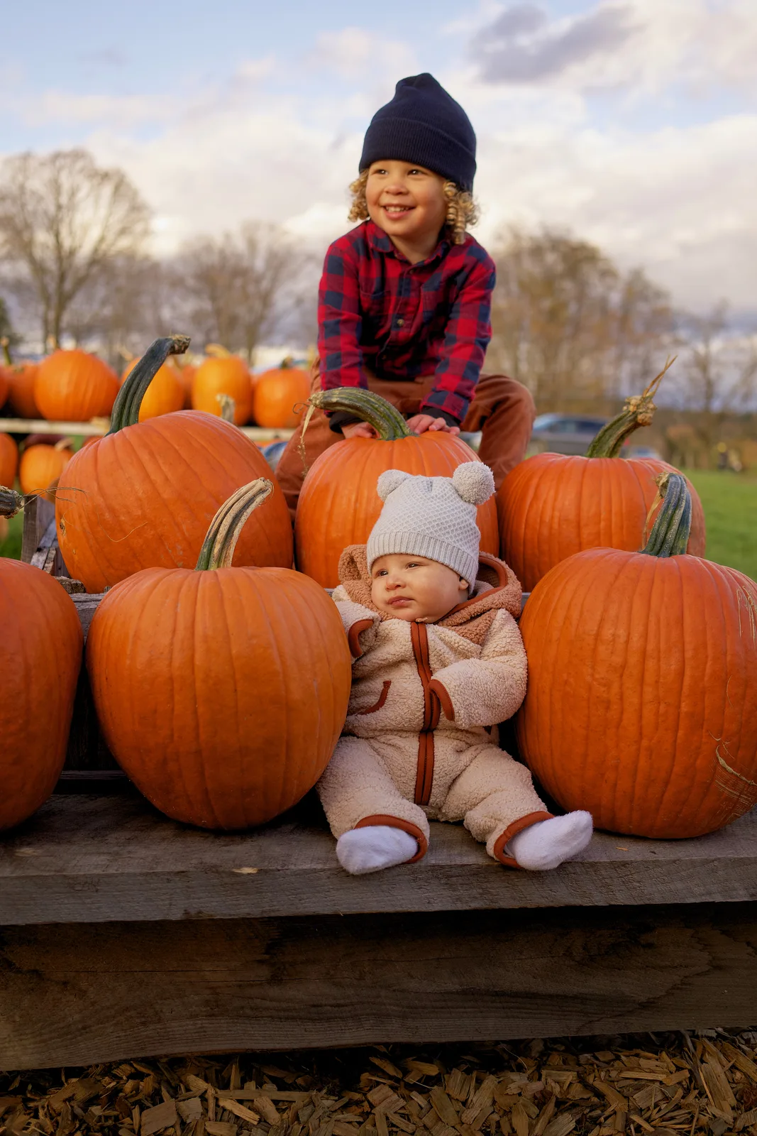 Two children on wooden platform with large orange pumpkins, one in plaid shirt and navy beanie crouching