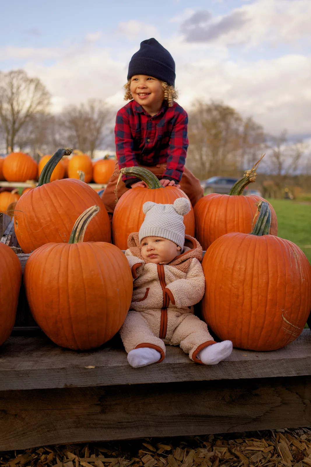 Two children on wooden platform with large orange pumpkins, one in plaid shirt and navy beanie kneeling