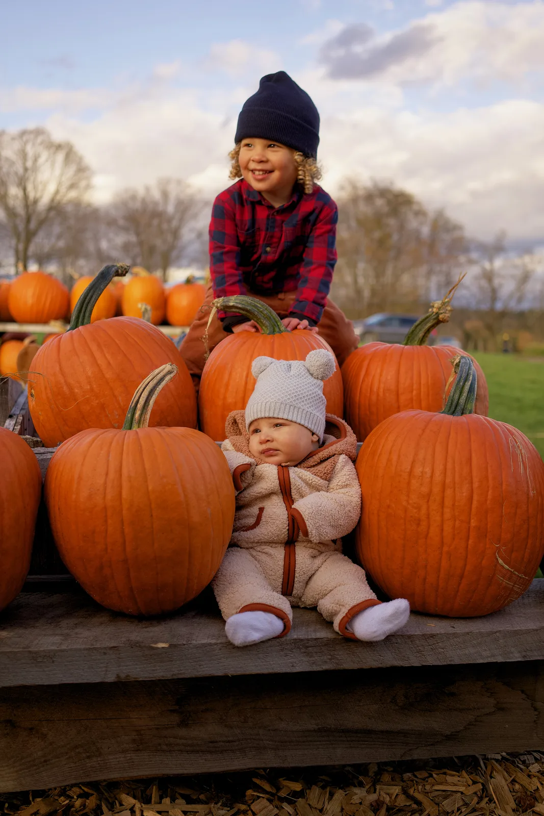 Two children on wooden platform with large orange pumpkins, one in plaid shirt and navy beanie leaning forward