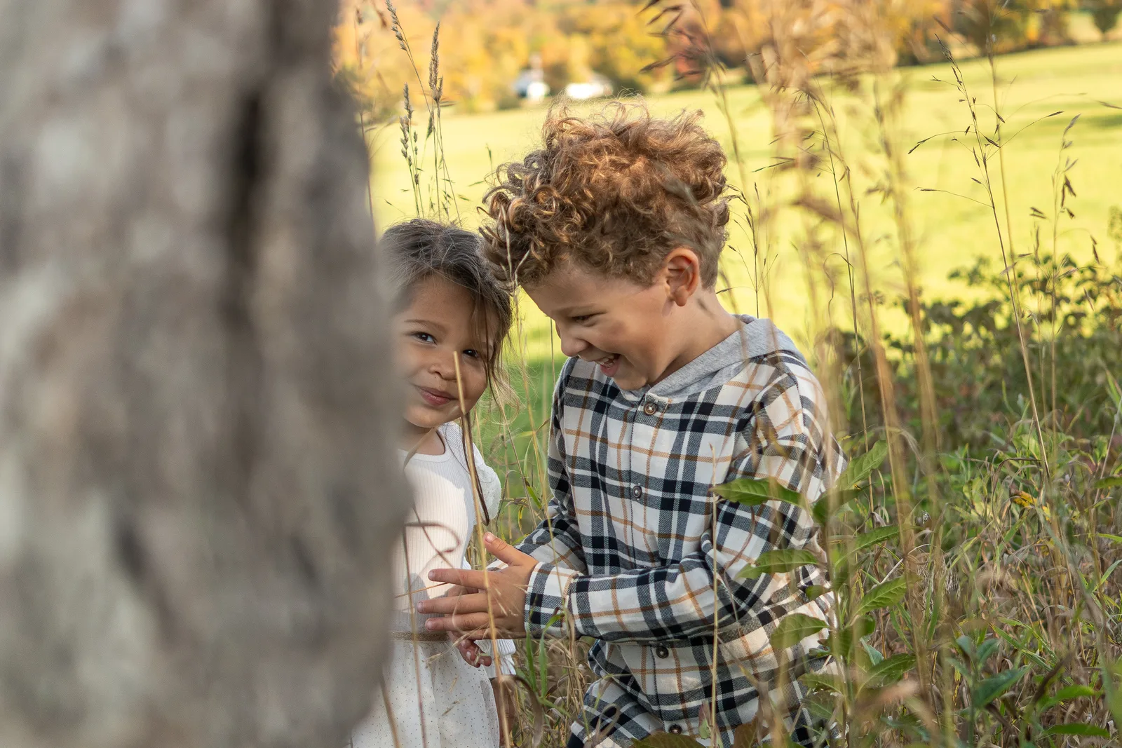 Two children in plaid and white clothing peeking from behind a tree in tall grass