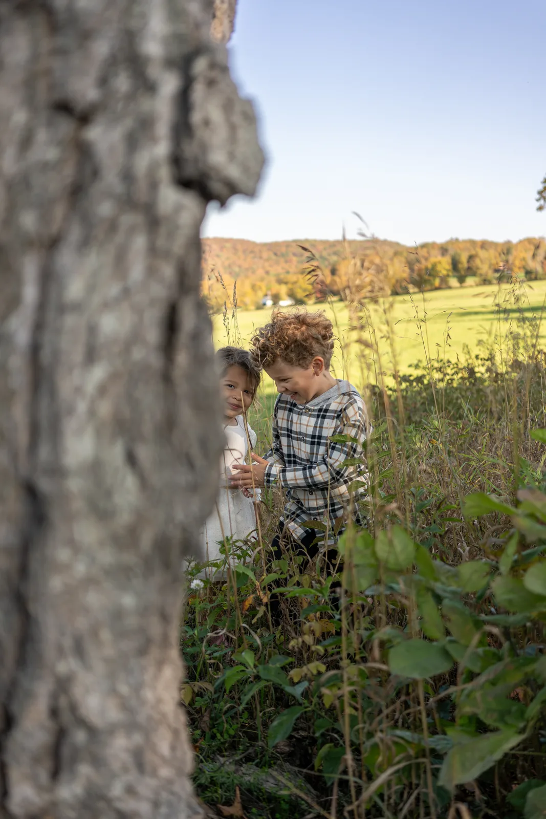 Two children in plaid and white clothing peeking from behind a tree in a grassy field