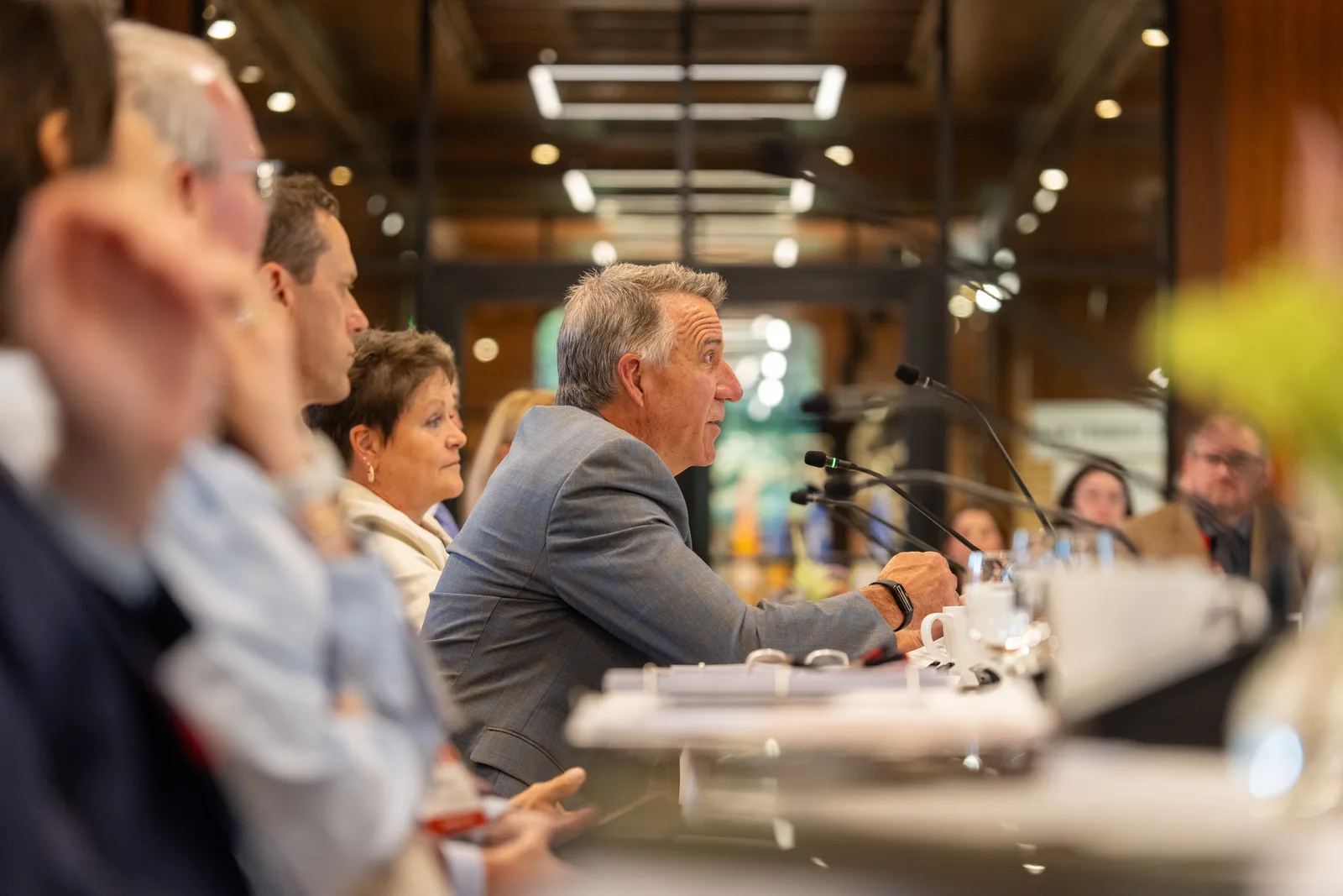 A gray-haired delegate leans forward to address the room from across the conference table.