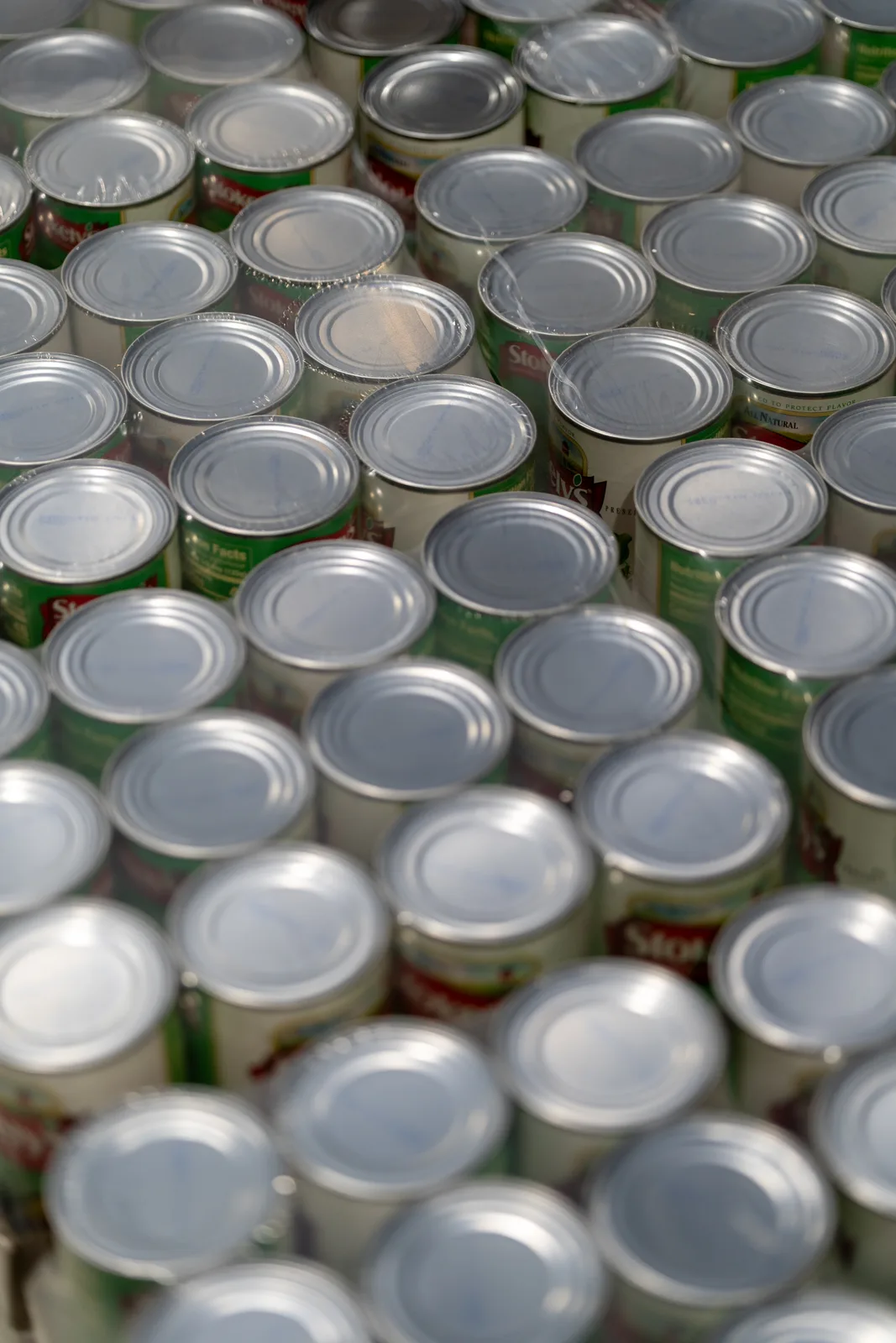 Rows of green and white canned goods stacked on warehouse shelves