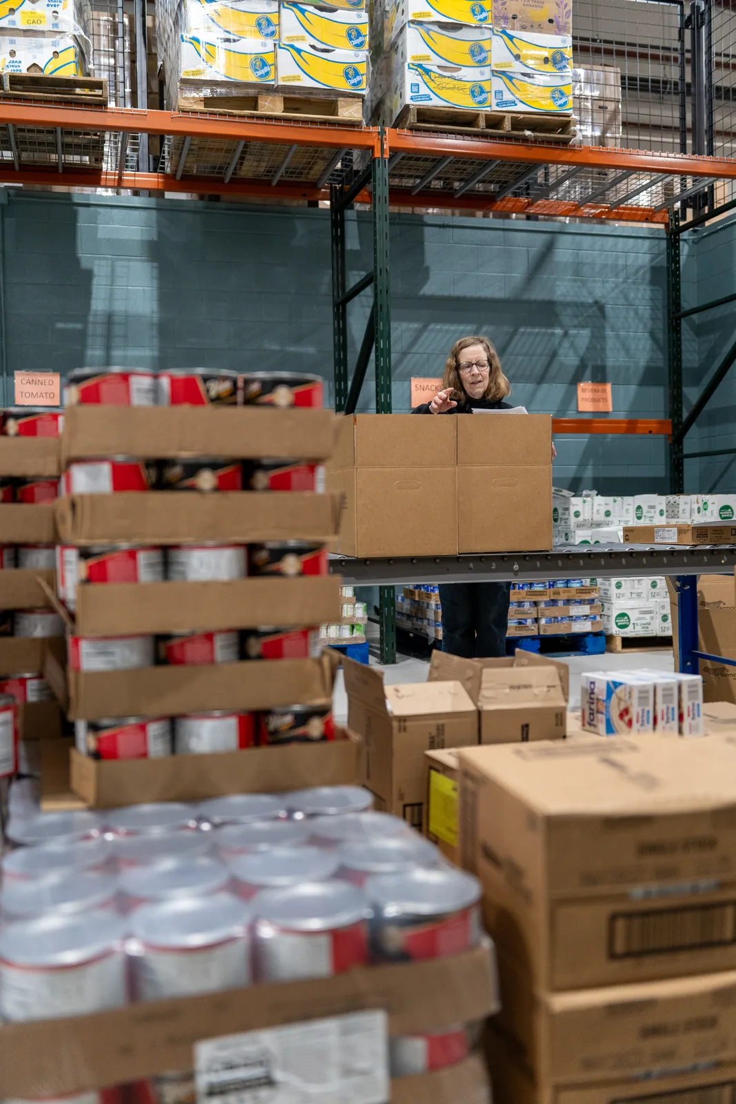 Person behind stacked cardboard boxes and shelves of canned goods in warehouse