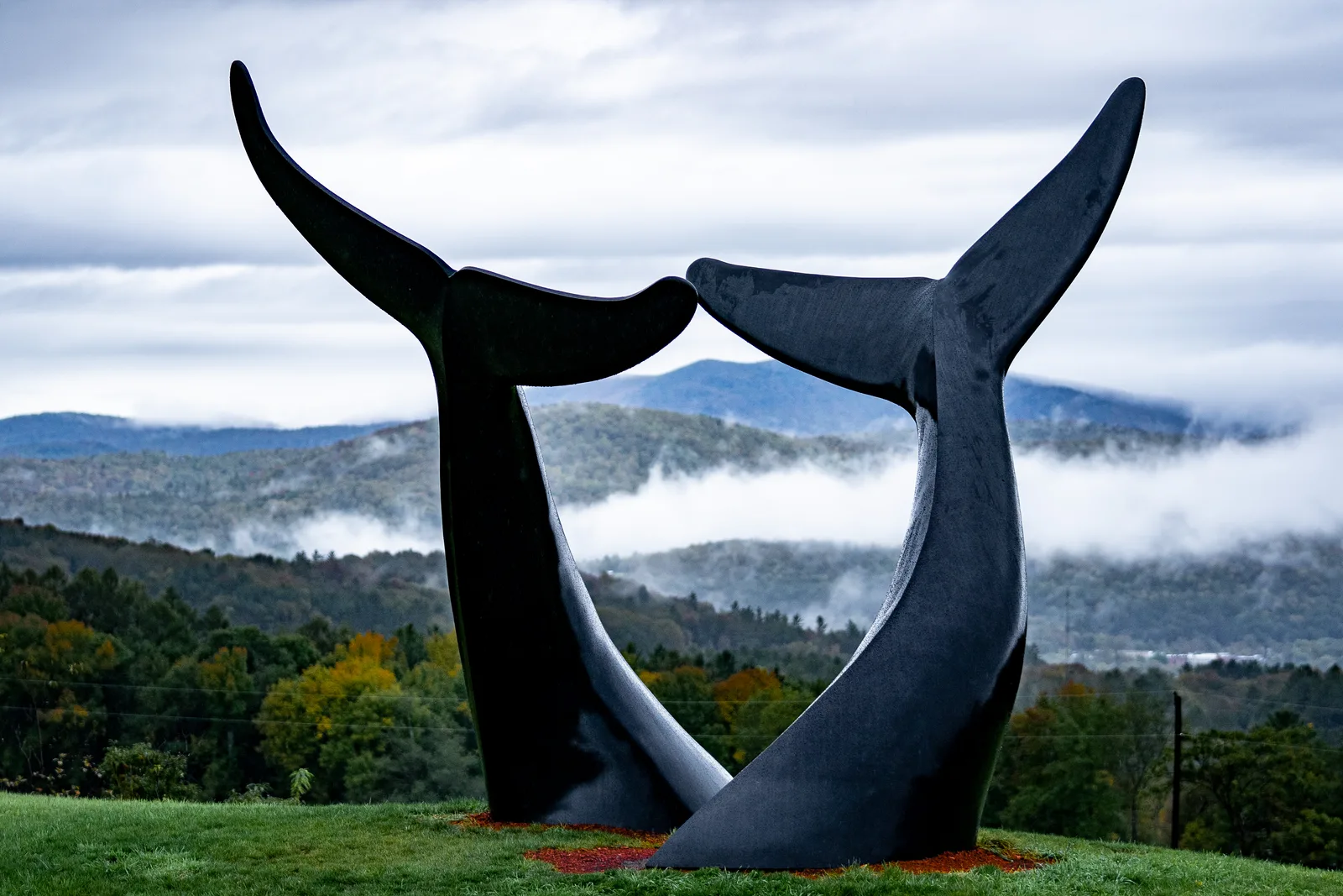 Close view through the curved bronze forms of Whale Dance toward autumn hills and fog