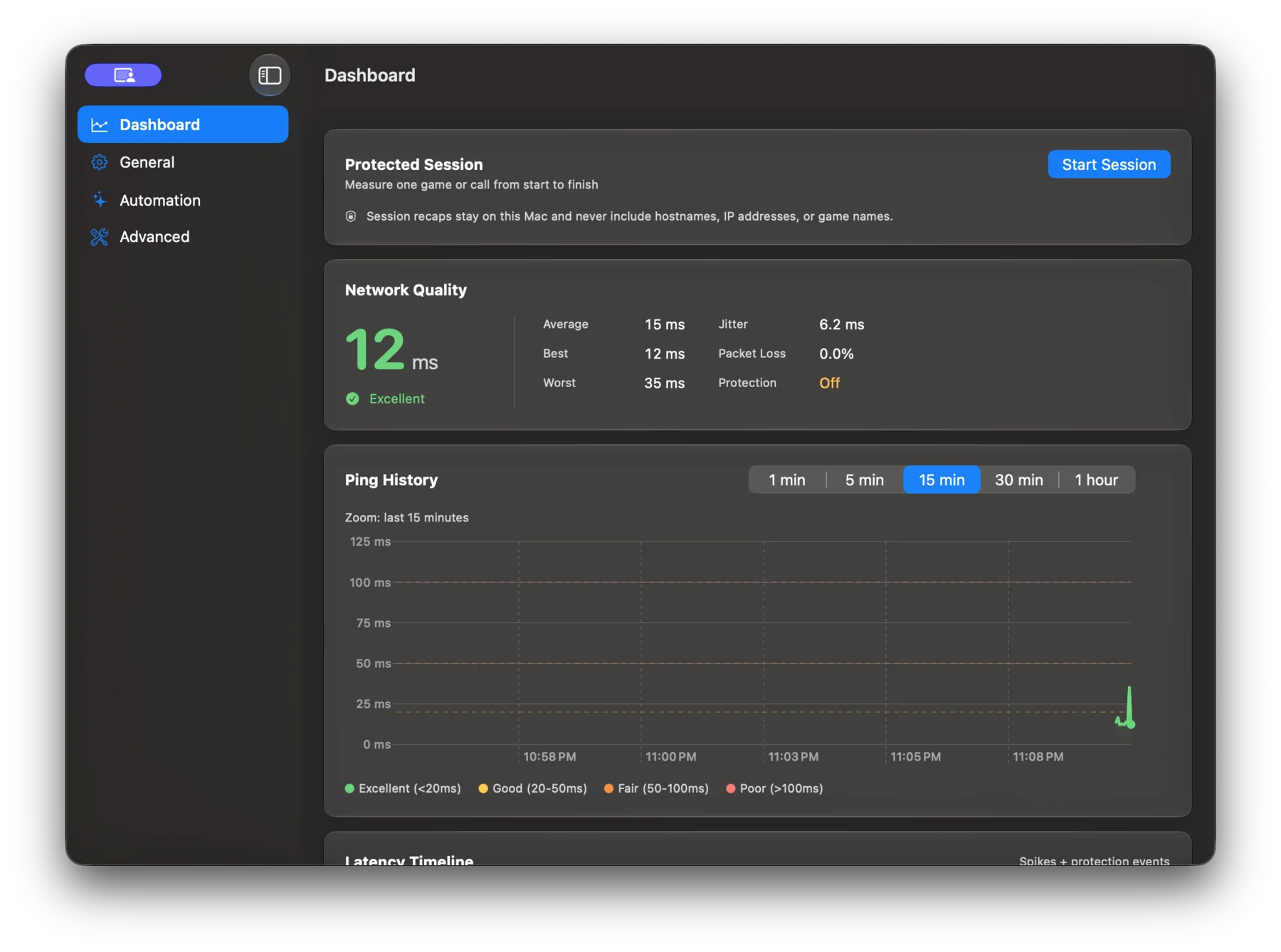 Ping Warden dashboard showing latency and network quality