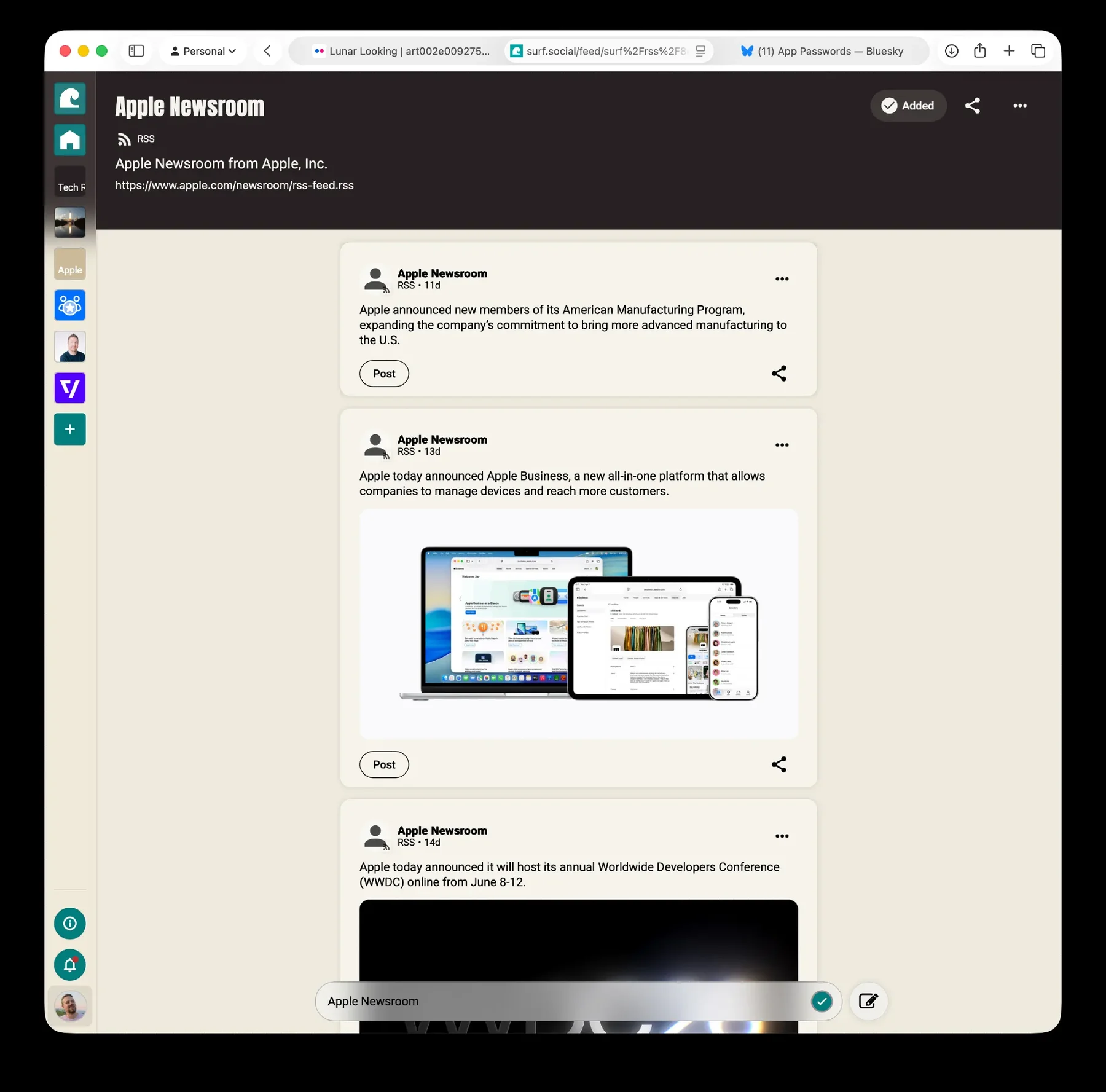 Surf social feed showing Apple Newsroom RSS posts