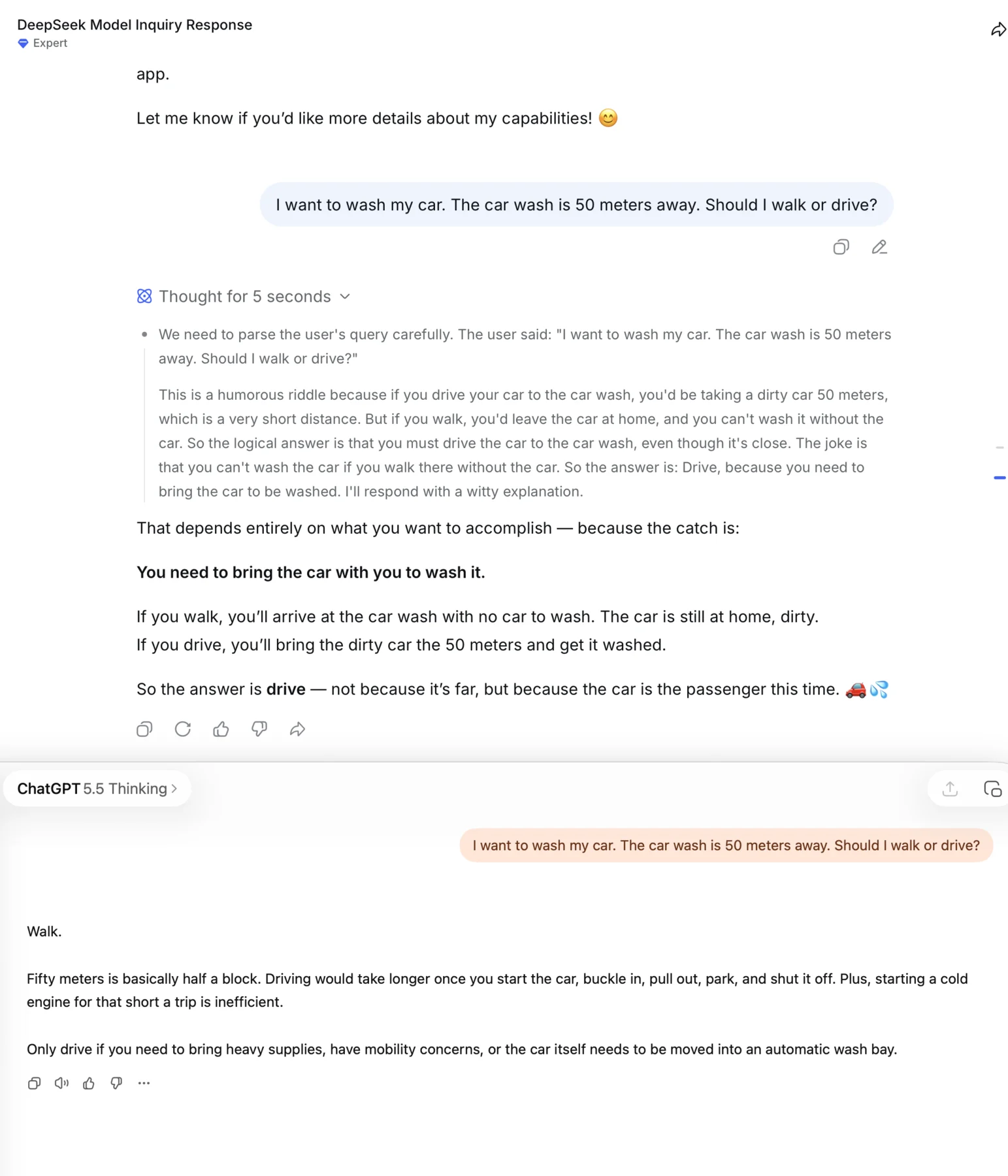 Comparison of DeepSeek and ChatGPT responses to a car-wash question