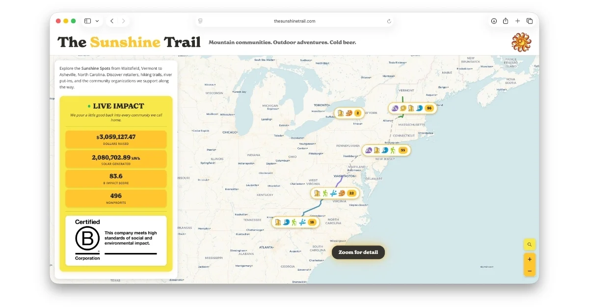 The Sunshine Trail interactive map showing a route from Vermont to North Carolina