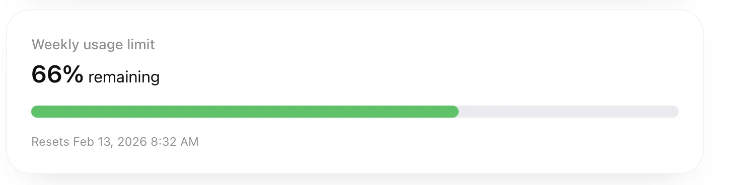 Weekly usage limit showing 66 percent remaining
