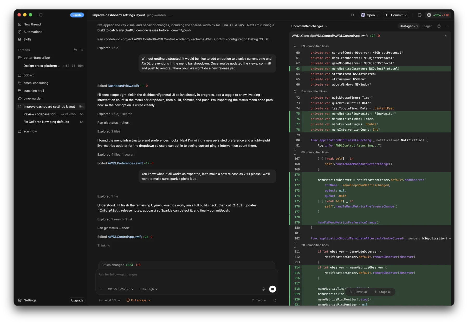 Codex app showing a software change and code diff